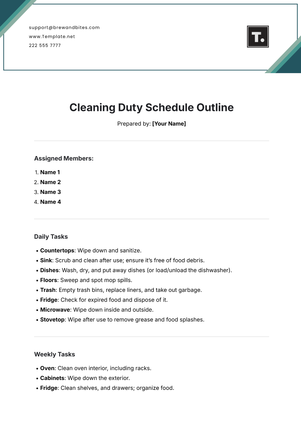 Cleaning Duty Schedule Outline Template - Edit Online & Download