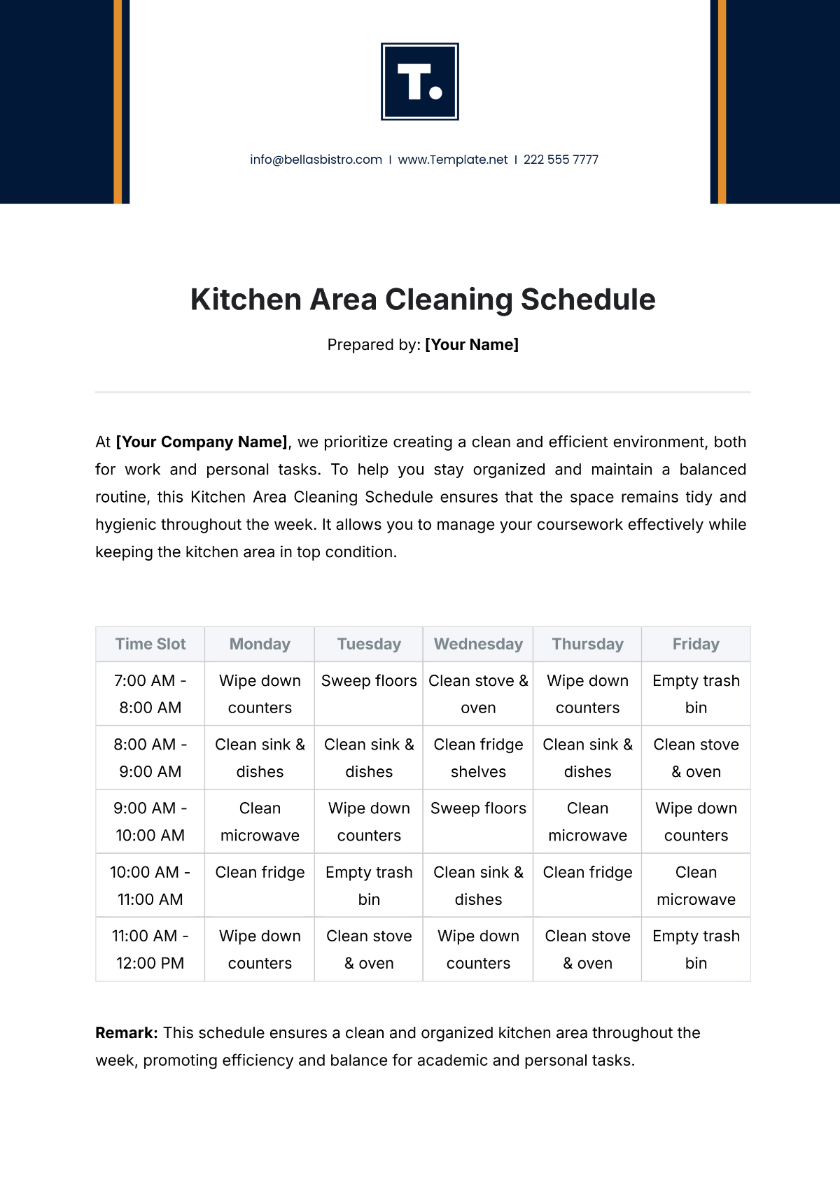 Kitchen Area Cleaning Schedule Template - Edit Online & Download