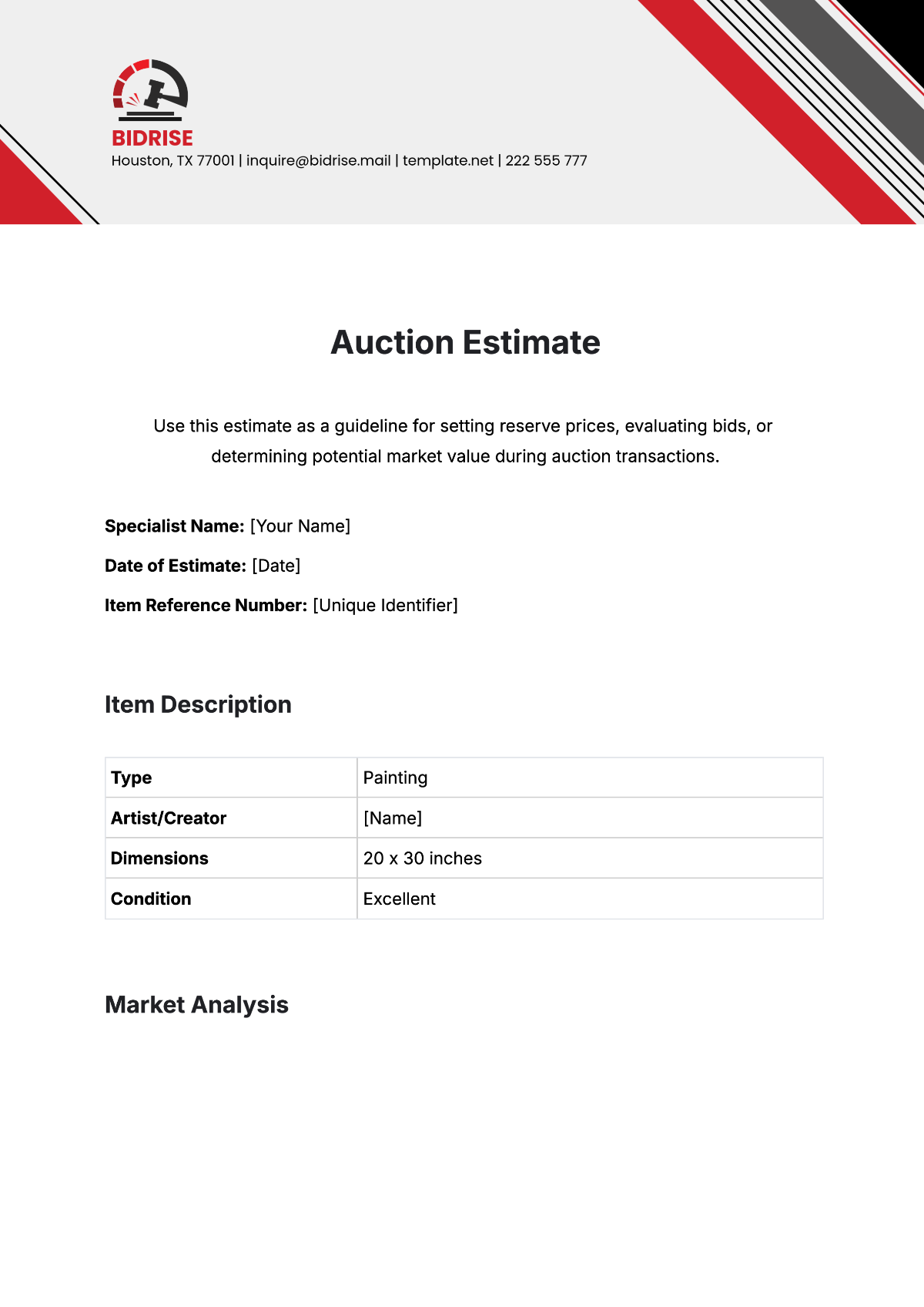 Auction Estimate Template - Edit Online & Download