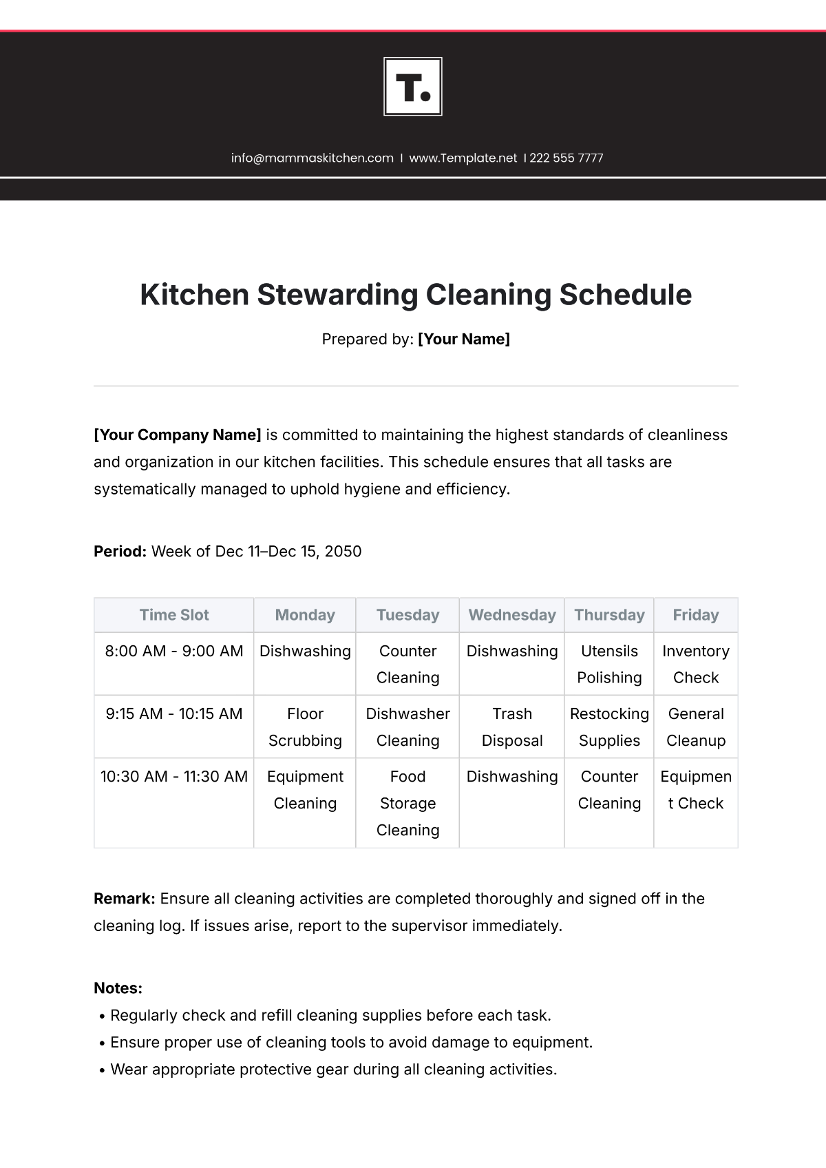 Kitchen Stewarding Cleaning Schedule Template - Edit Online & Download