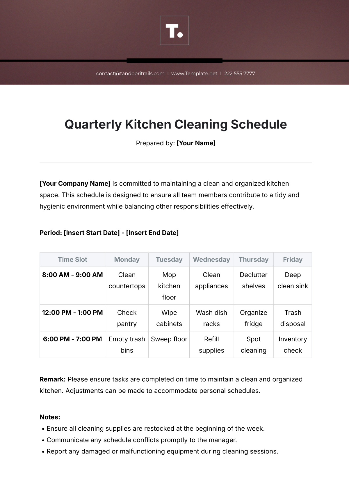 Quarterly Kitchen Cleaning Schedule Template - Edit Online & Download