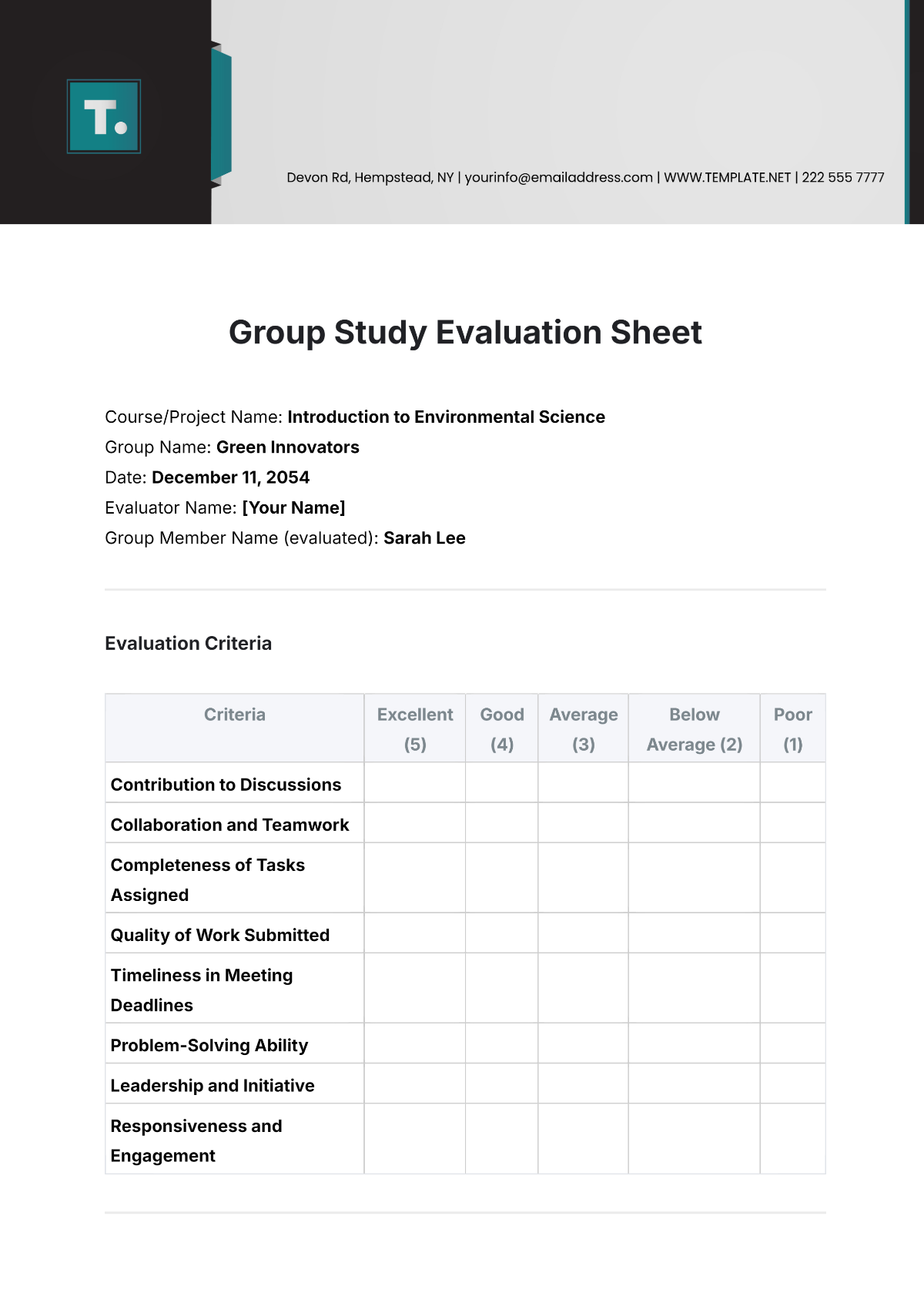 Printable Group Study Evaluation Sheet Template - Edit Online & Download