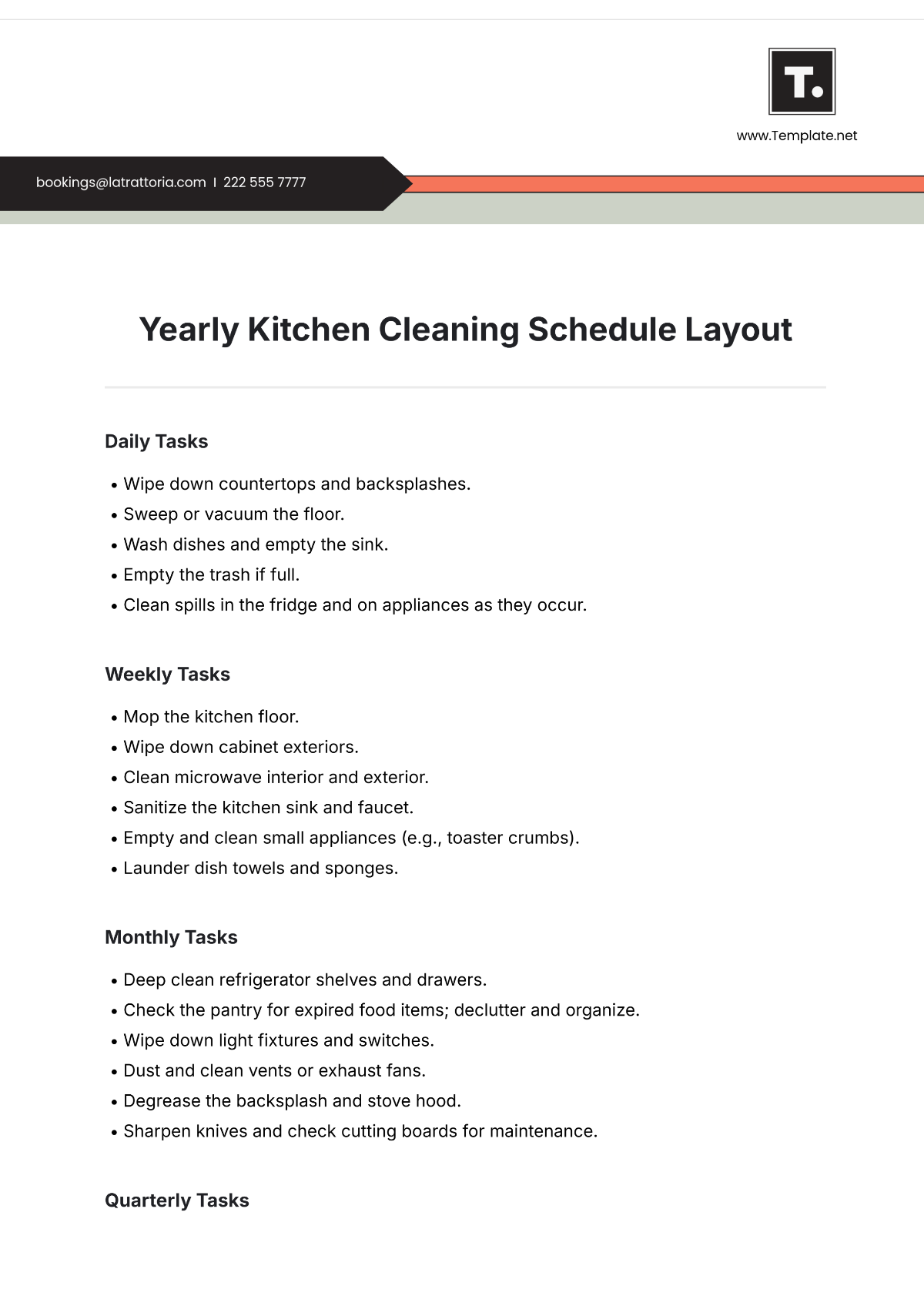 Yearly Kitchen Cleaning Schedule Layout Template - Edit Online & Download