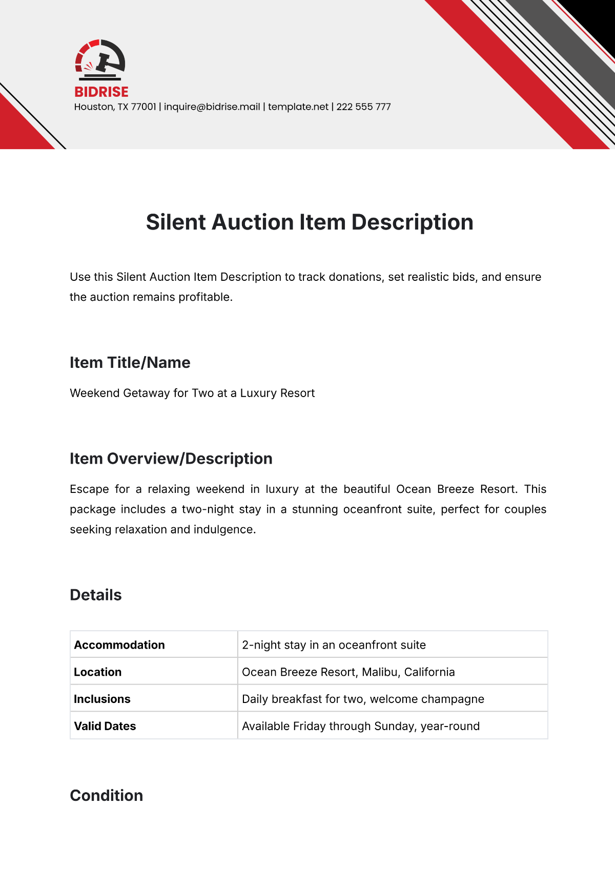 Silent Auction Item Description Template - Edit Online & Download