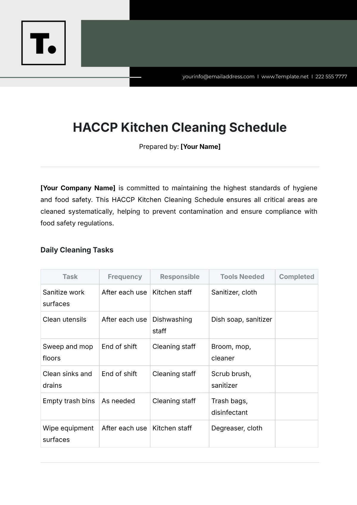 HACCP Kitchen Cleaning Schedule Template - Edit Online & Download