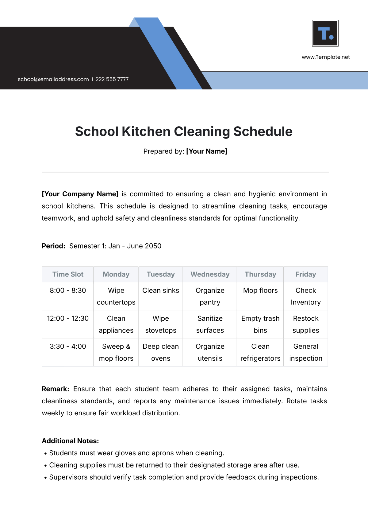 School Kitchen Cleaning Schedule Template - Edit Online & Download