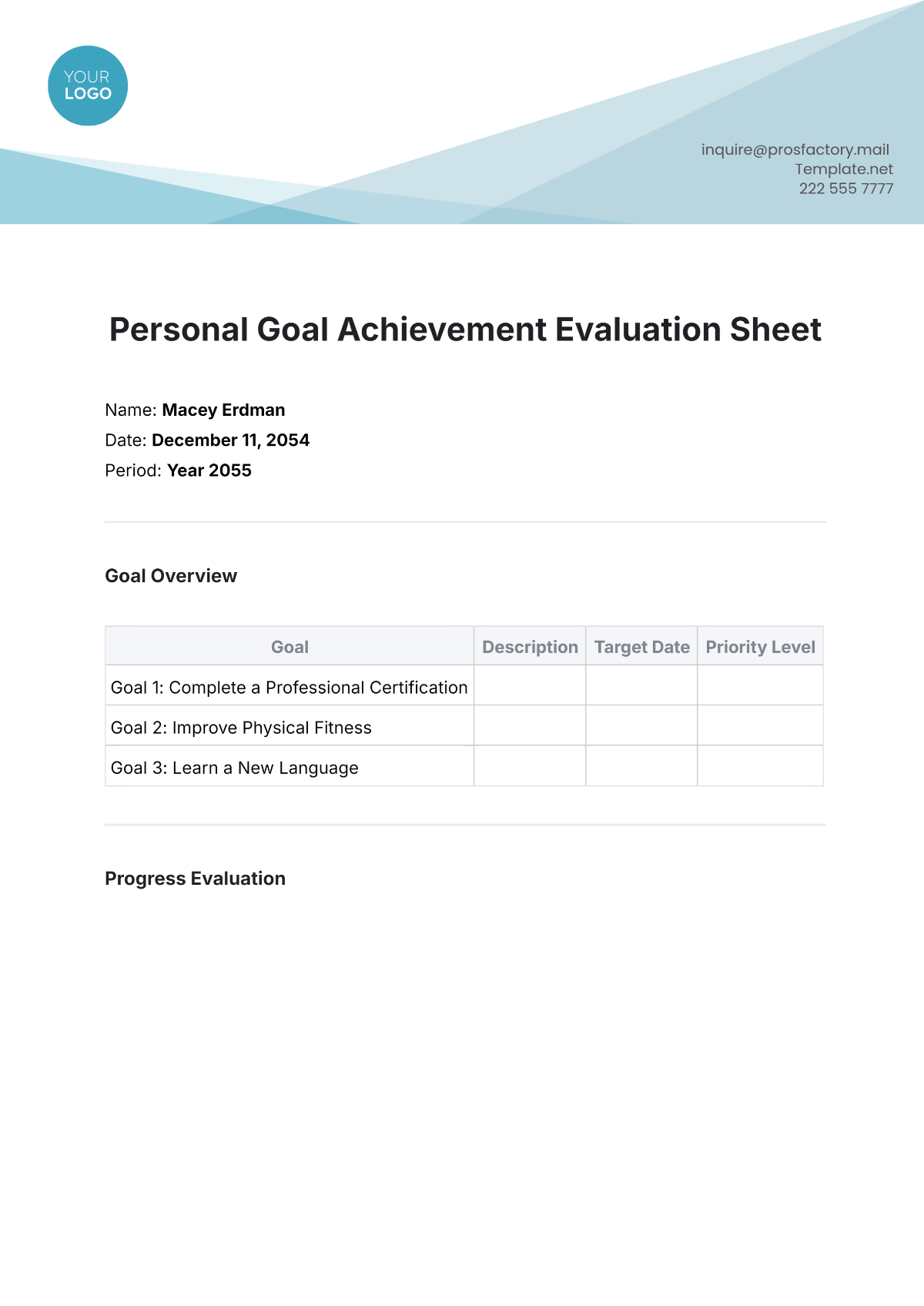 Personal Goal Achievement  Evaluation Sheet Template - Edit Online & Download