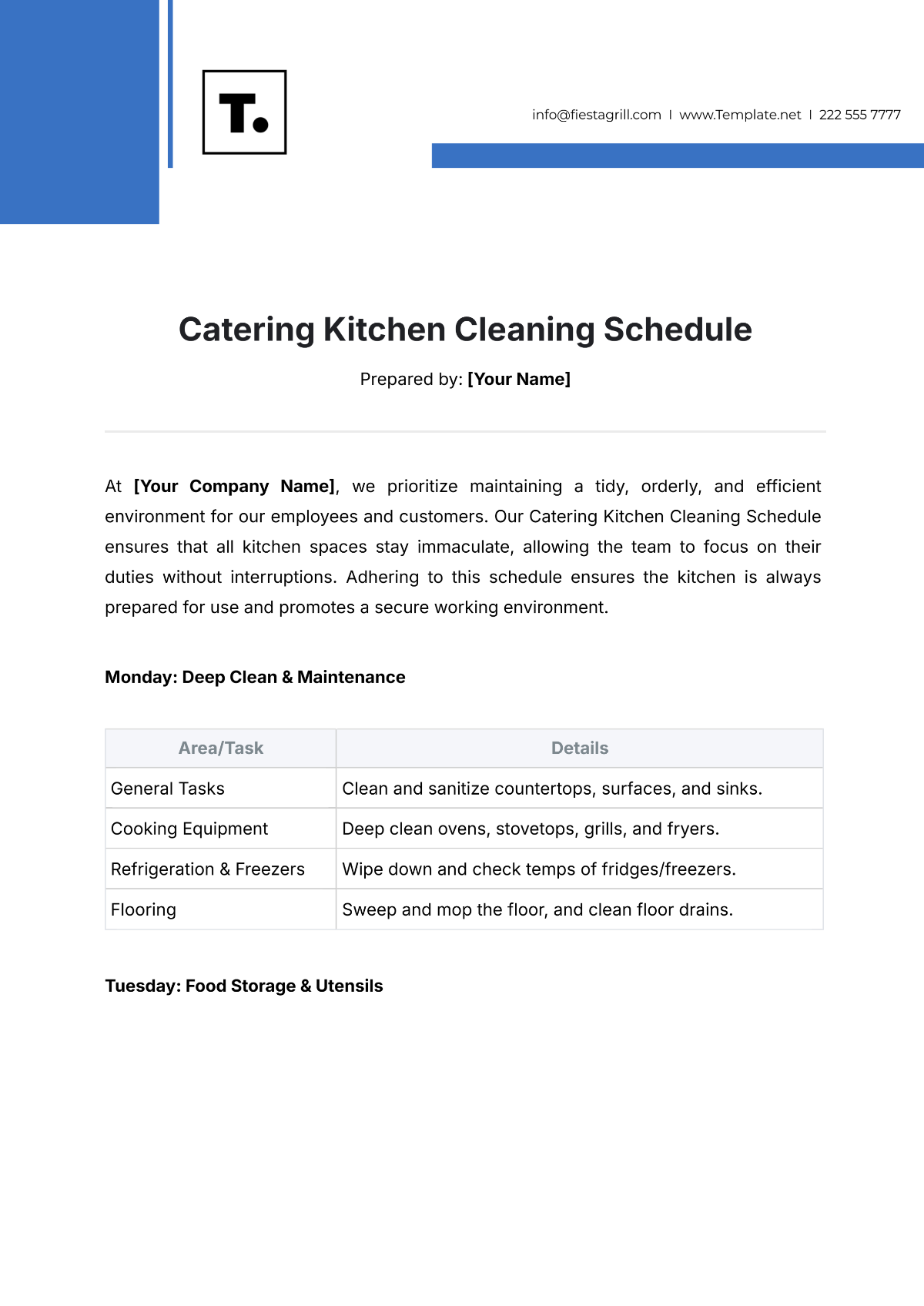 Catering Kitchen Cleaning Schedule Template - Edit Online & Download