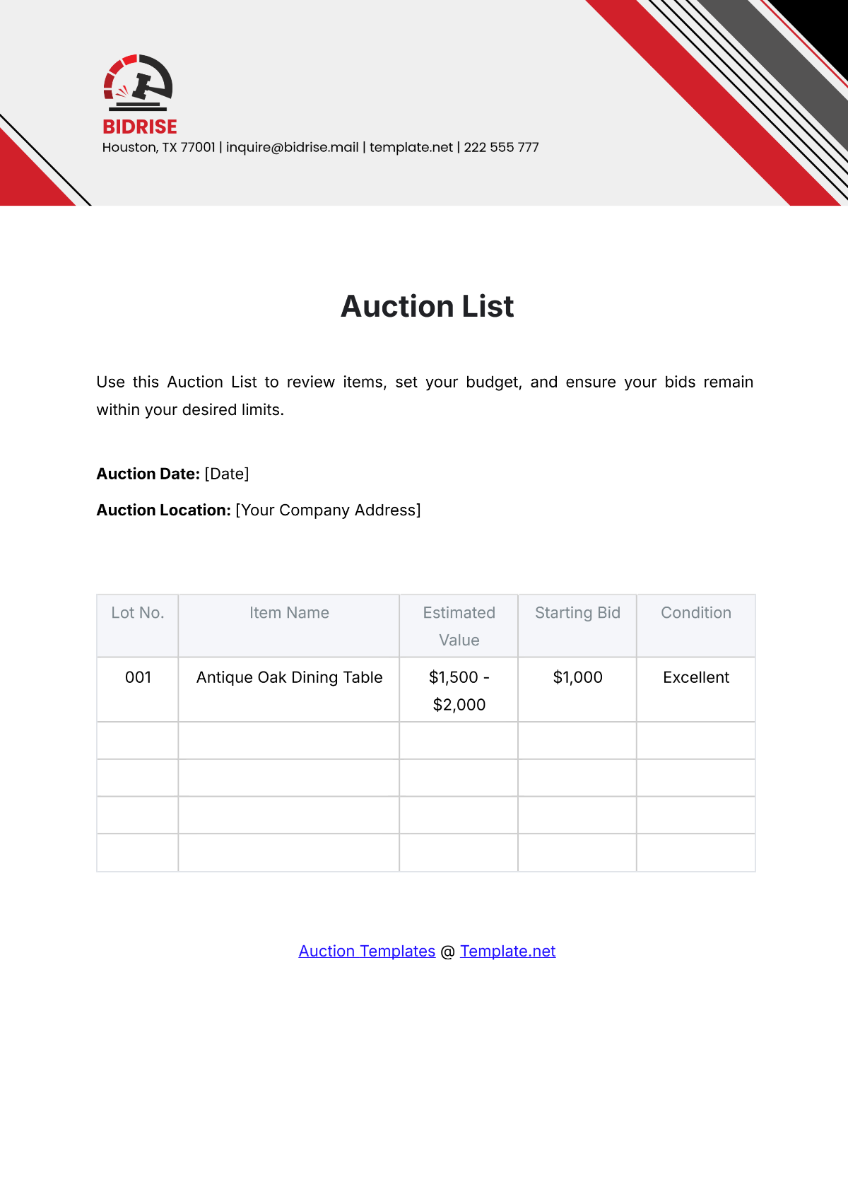 Auction List Template - Edit Online & Download