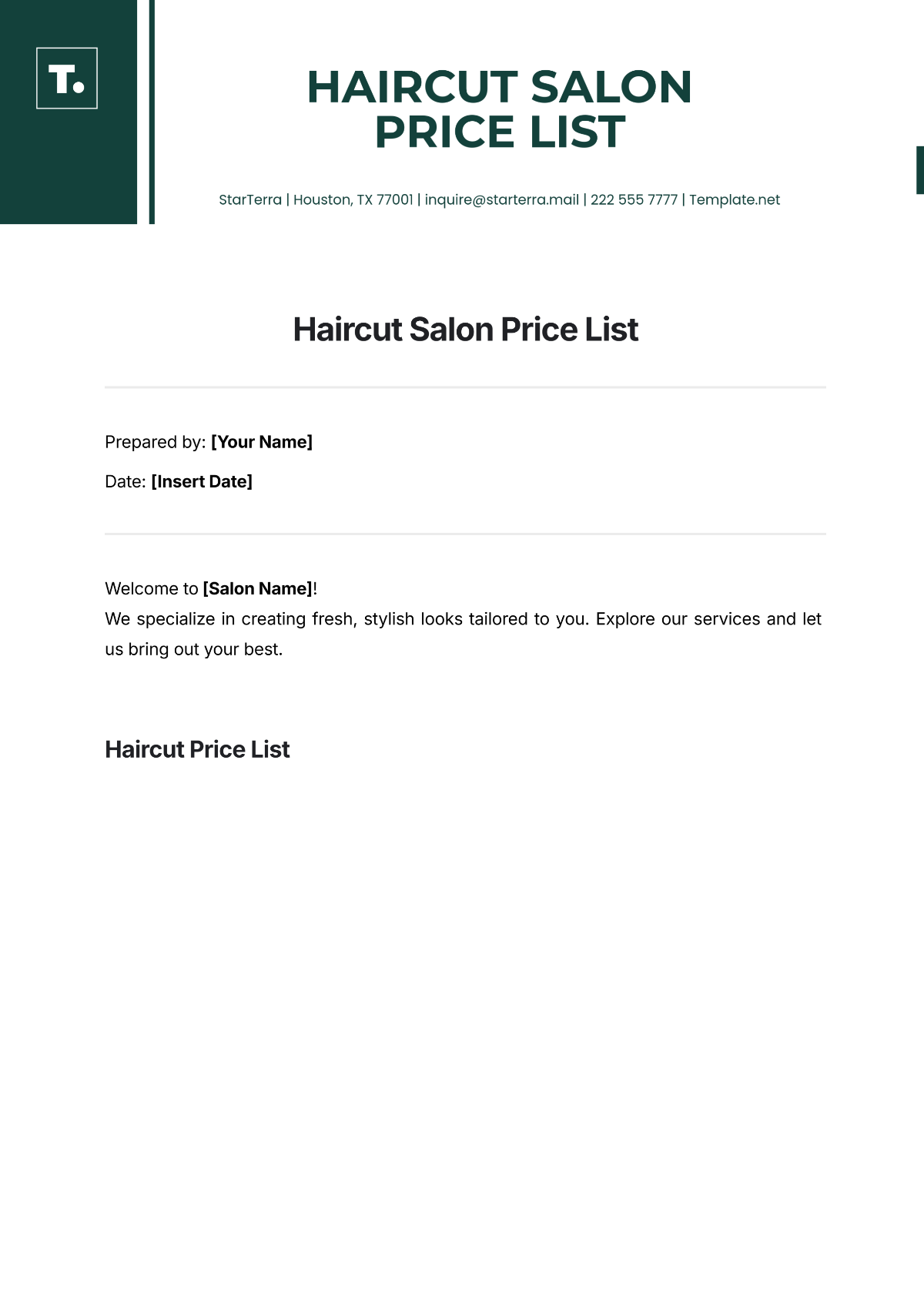 Haircut Salon Price List Template - Edit Online & Download