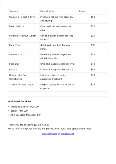 Free Haircut Salon Price List Template to Edit Online