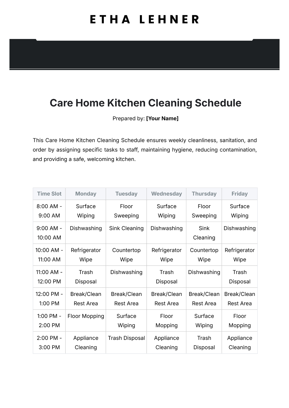 Care Home Kitchen Cleaning Schedule Template - Edit Online & Download