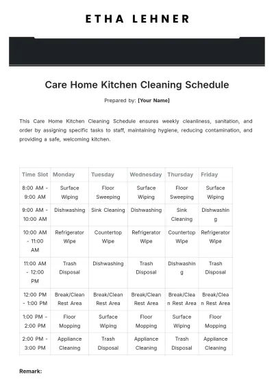 Free Care Home Kitchen Cleaning Schedule Template to Edit Online