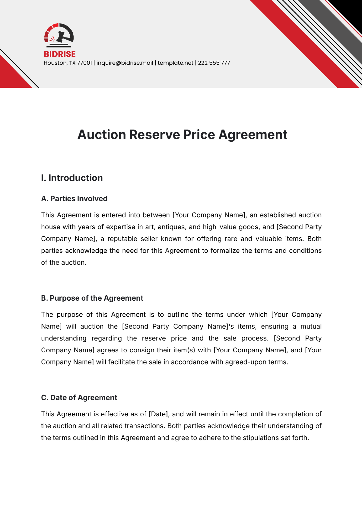 Auction Reserve Price Agreement Template - Edit Online & Download