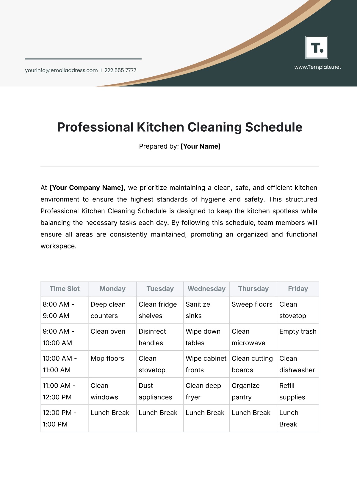 Professional Kitchen Cleaning Schedule Template - Edit Online & Download