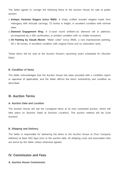 Free Auction Consignment Agreement Template to Edit Online