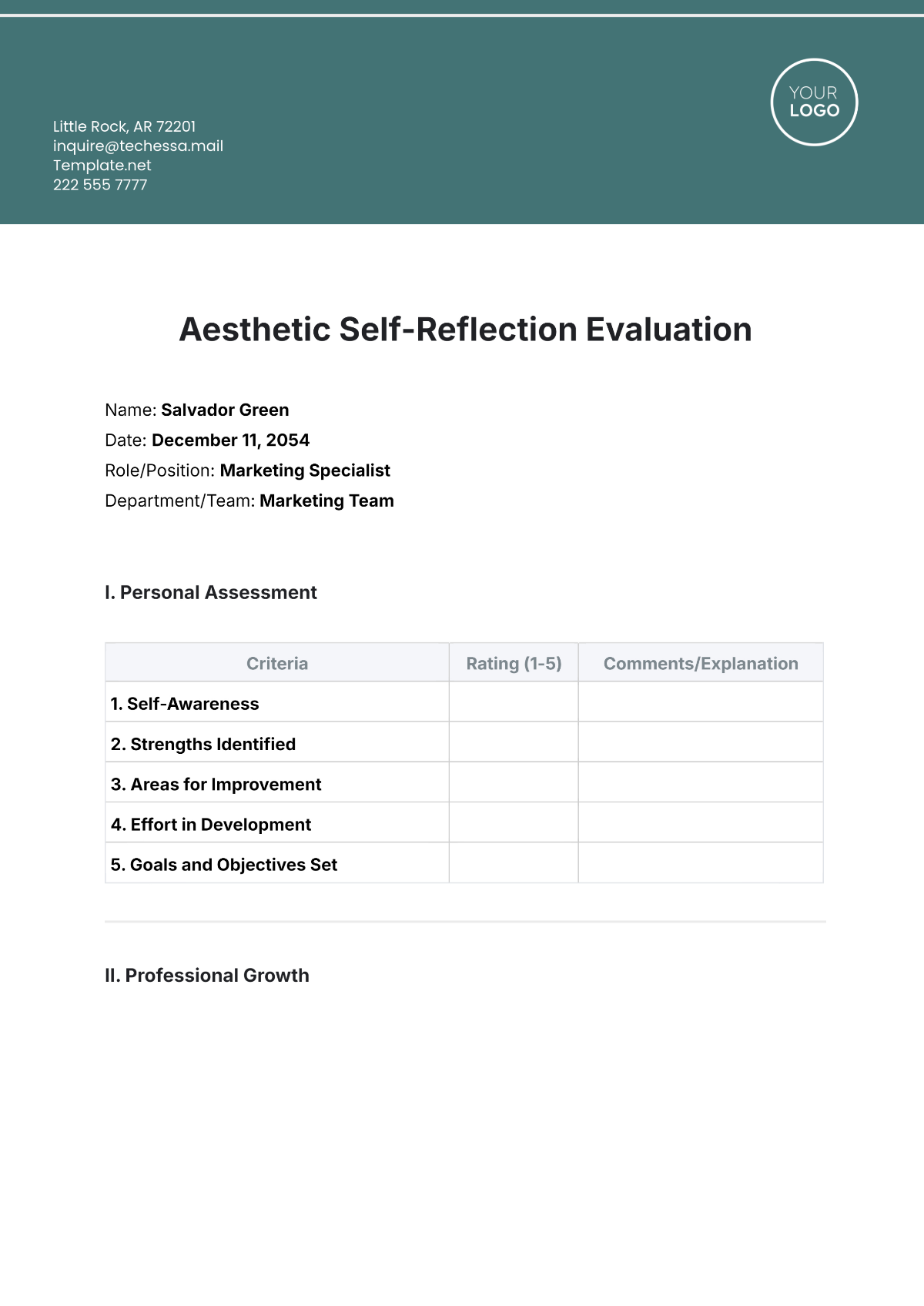 Aesthetic Self-Reflection  Evaluation Sheet Template - Edit Online & Download