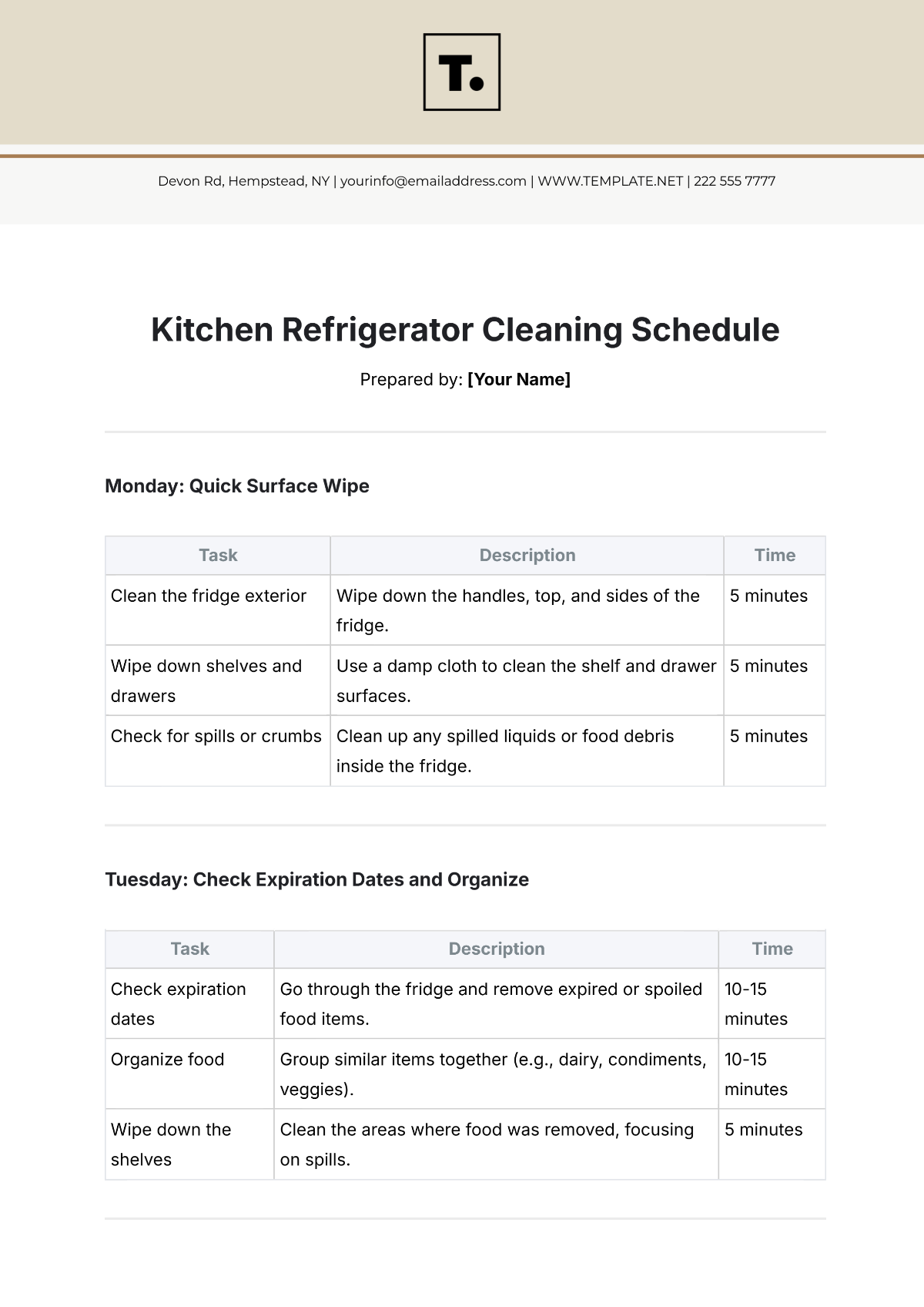 Kitchen Refrigerator Cleaning Schedule Template - Edit Online & Download