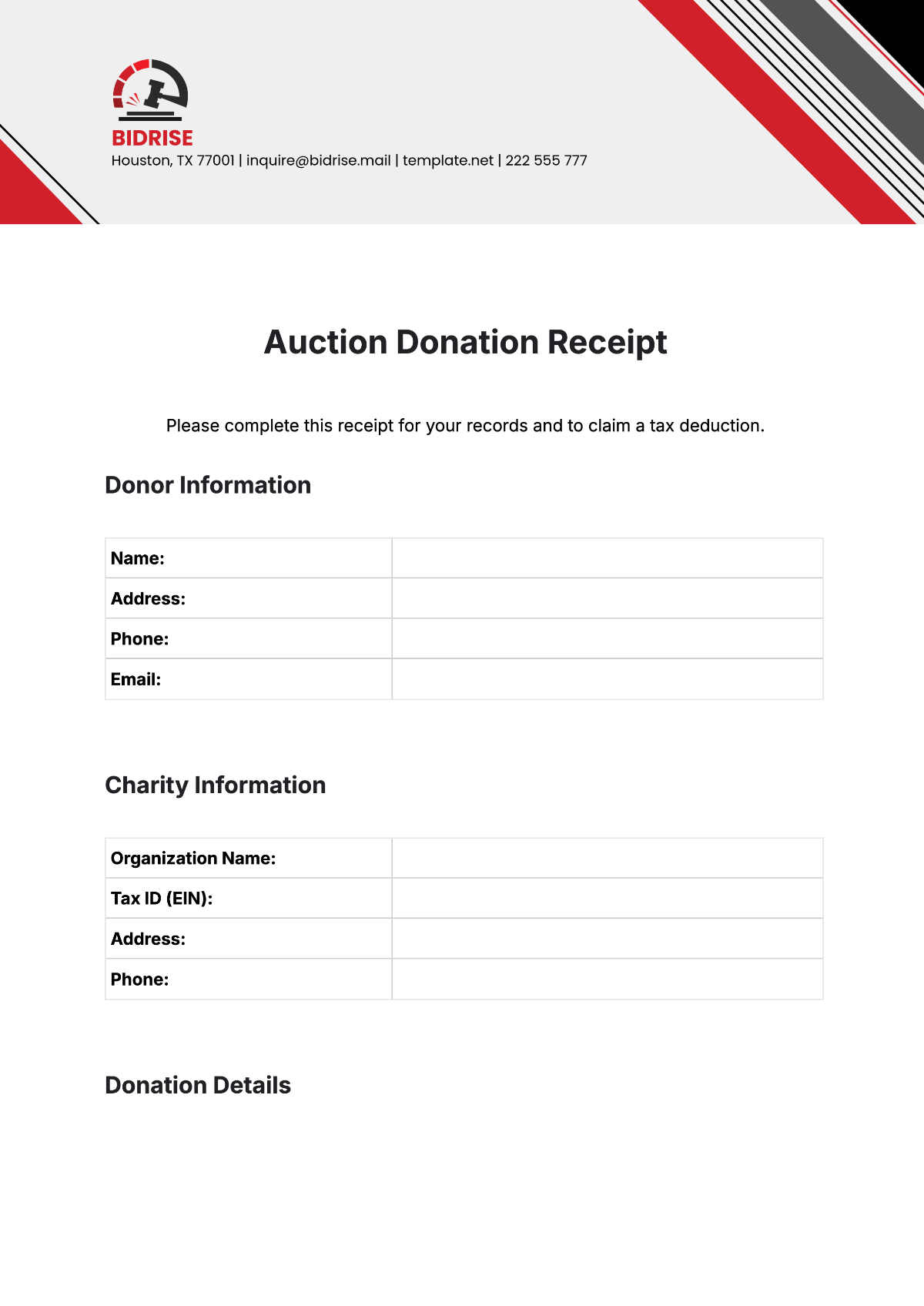 Auction Donation Receipt Template - Edit Online & Download