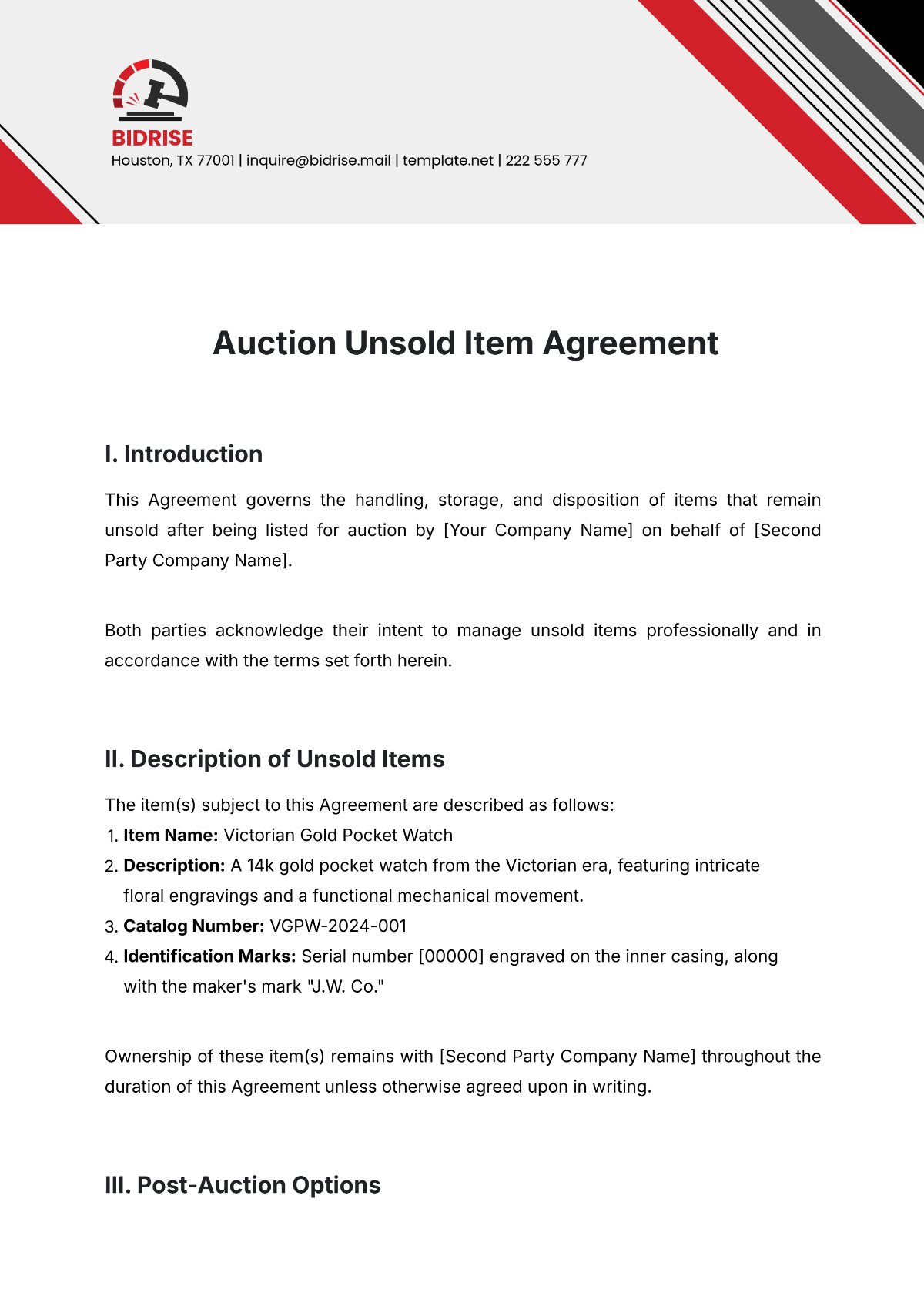 Auction Unsold Item Agreement Template - Edit Online & Download