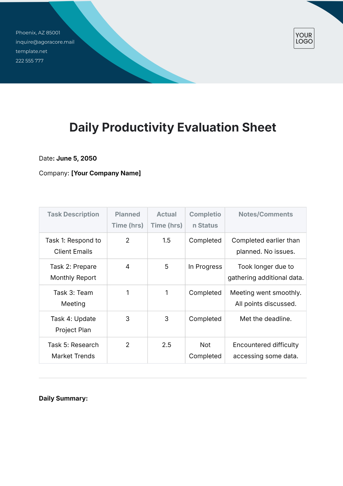 Daily Productivity  Evaluation Sheet Template - Edit Online & Download