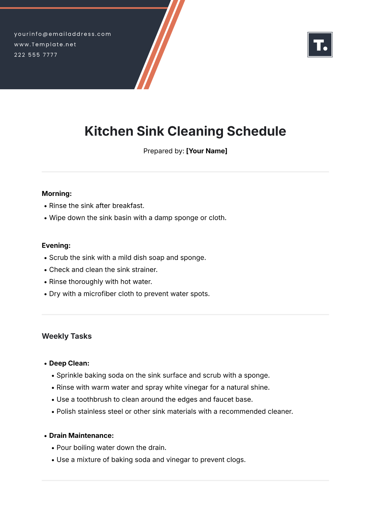 Kitchen Sink Cleaning Schedule Template - Edit Online & Download