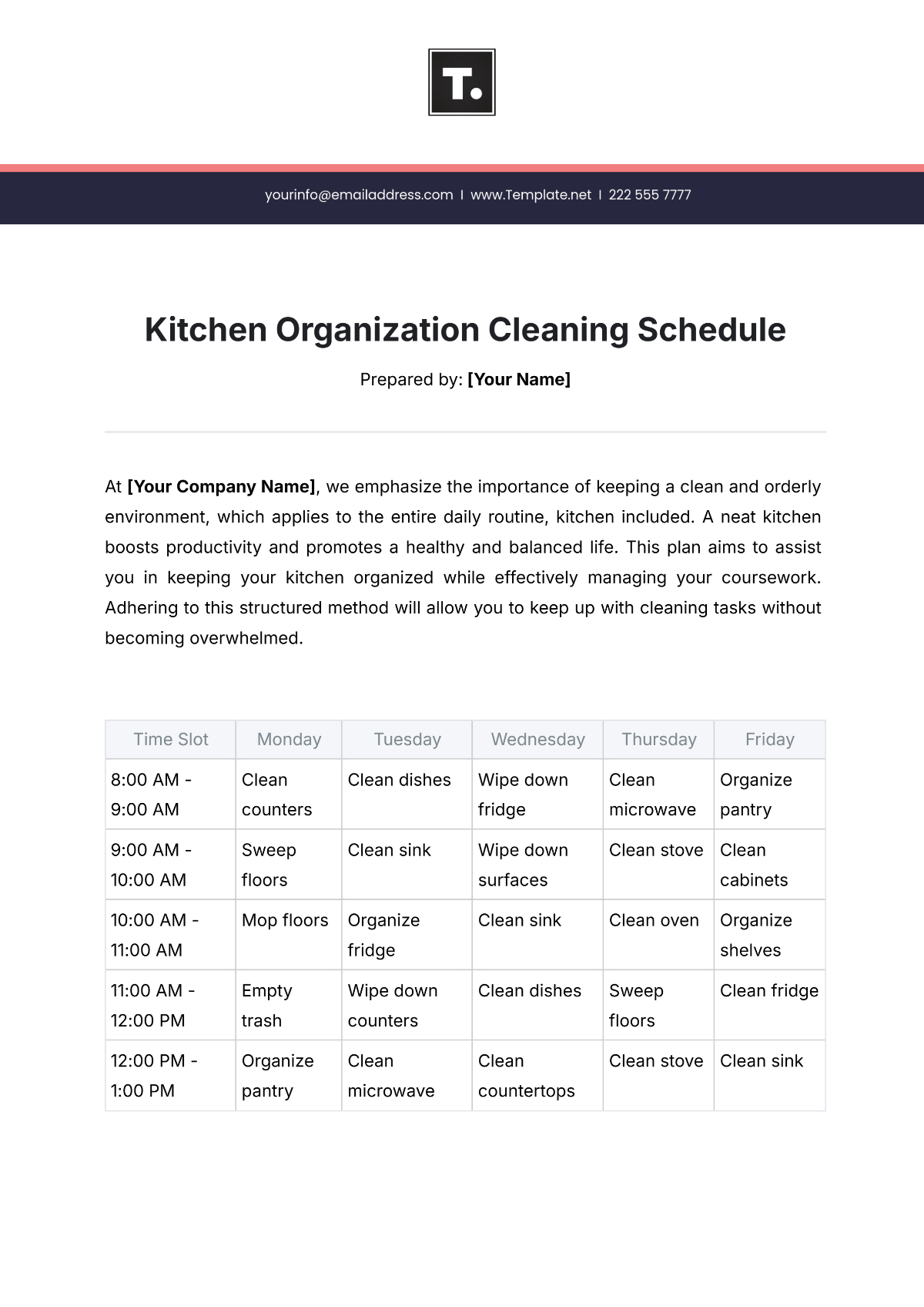 Kitchen Organization Cleaning Schedule Template - Edit Online & Download