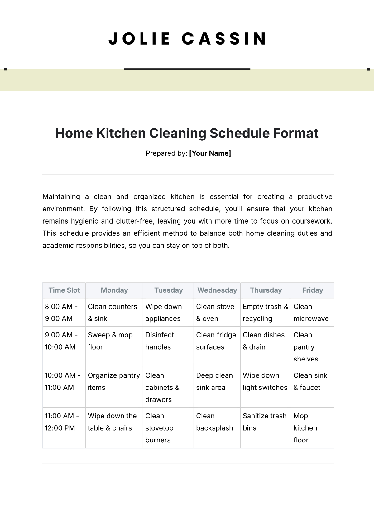 ScheduleHome Kitchen Cleaning Schedule Format Template - Edit Online & Download