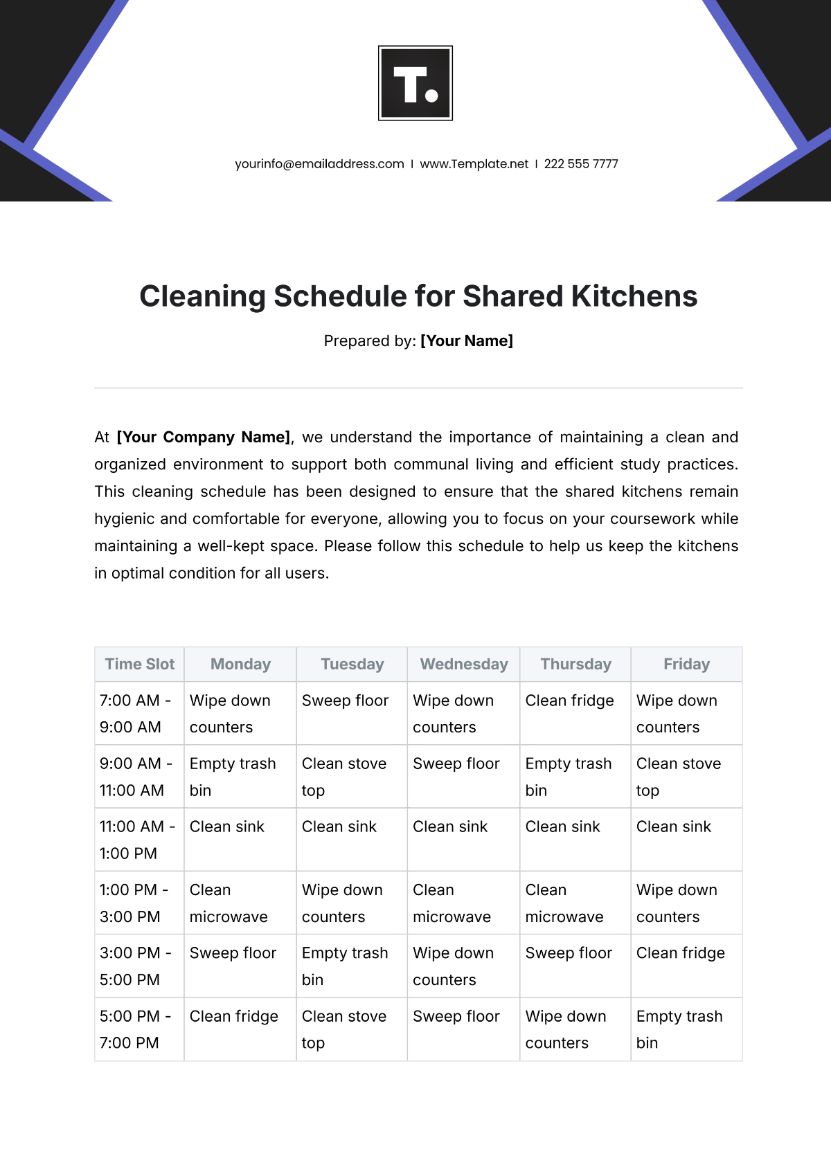 Cleaning Schedule for Shared Kitchens Template - Edit Online & Download