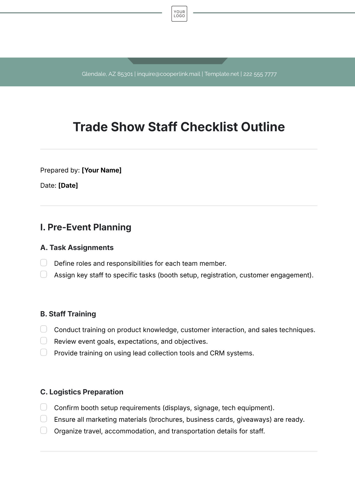 Trade Show Staff Checklist Outline Template - Edit Online & Download