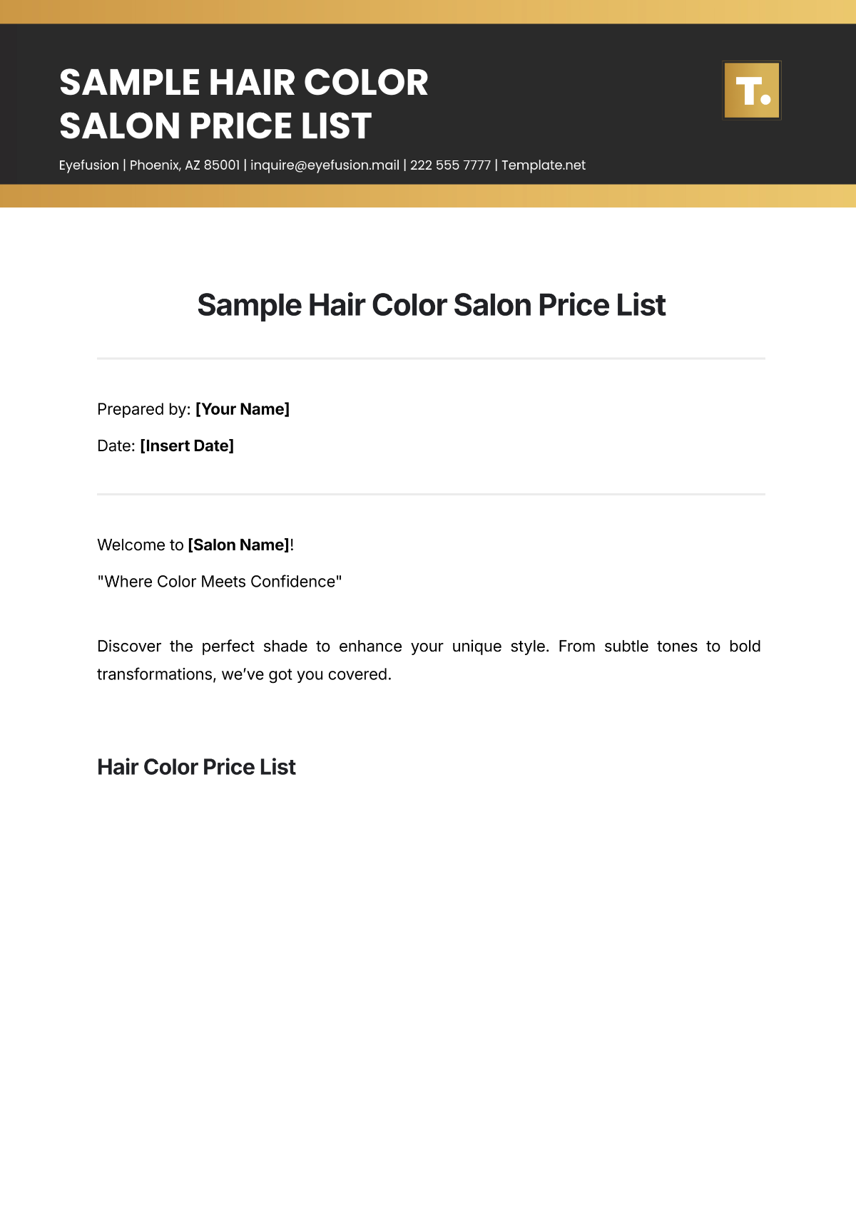 Sample Hair Color Salon Price List Template - Edit Online & Download