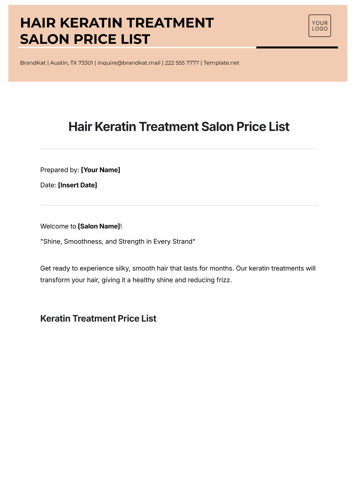 Hair Keratin Treatment Salon Price List Template - Edit Online & Download