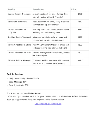 Free Hair Keratin Treatment Salon Price List Template to Edit Online