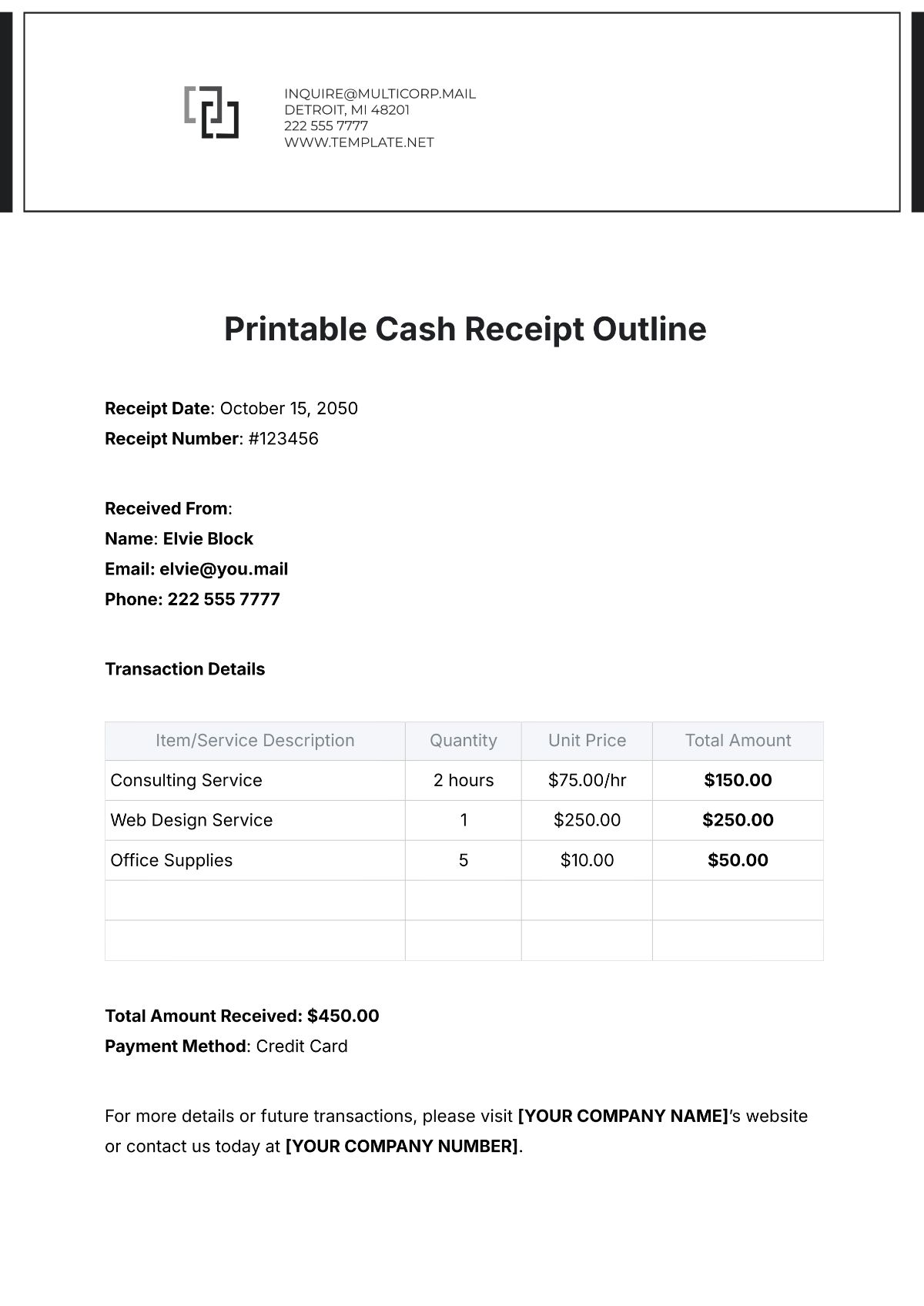 Printable Cash Receipt Outline Template - Edit Online & Download