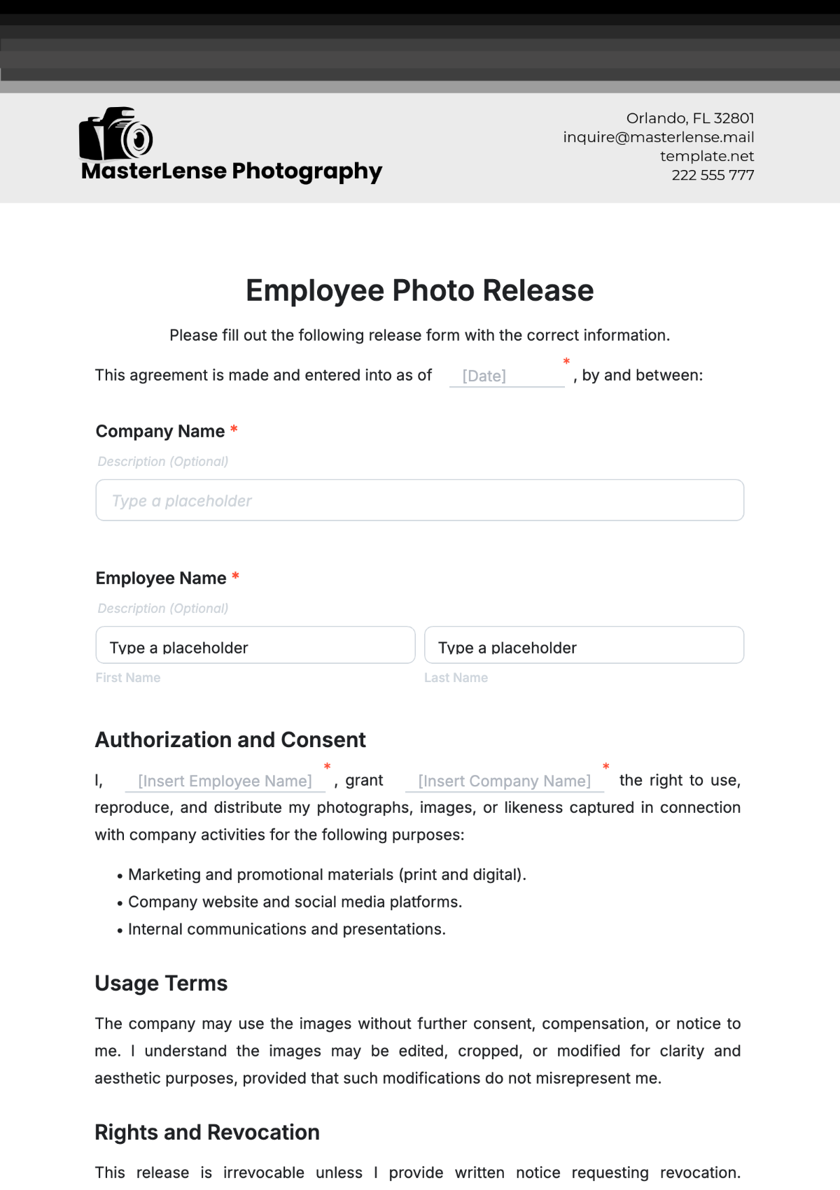 Employee Photo Release Form Template - Edit Online & Download