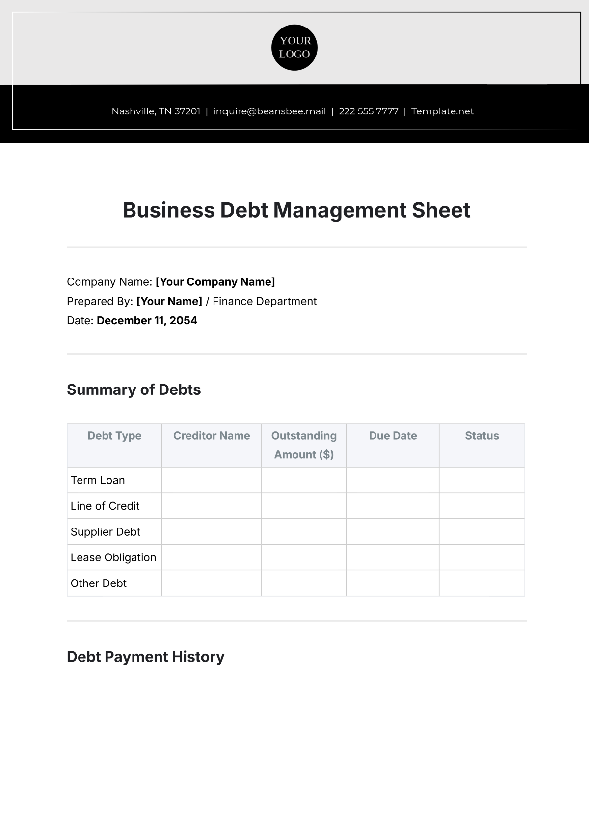 Business Debt Management Sheet Template - Edit Online & Download