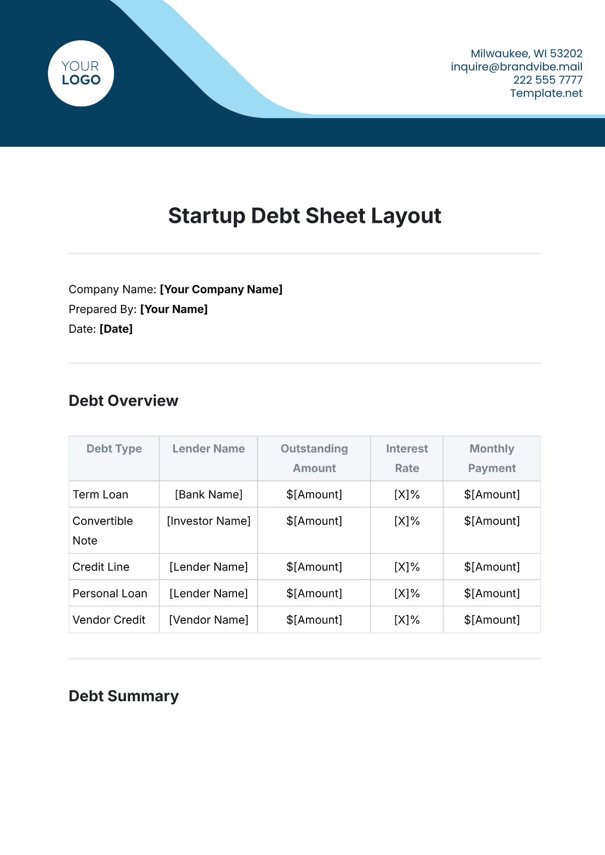 Startup Debt Sheet Layout Template - Edit Online & Download