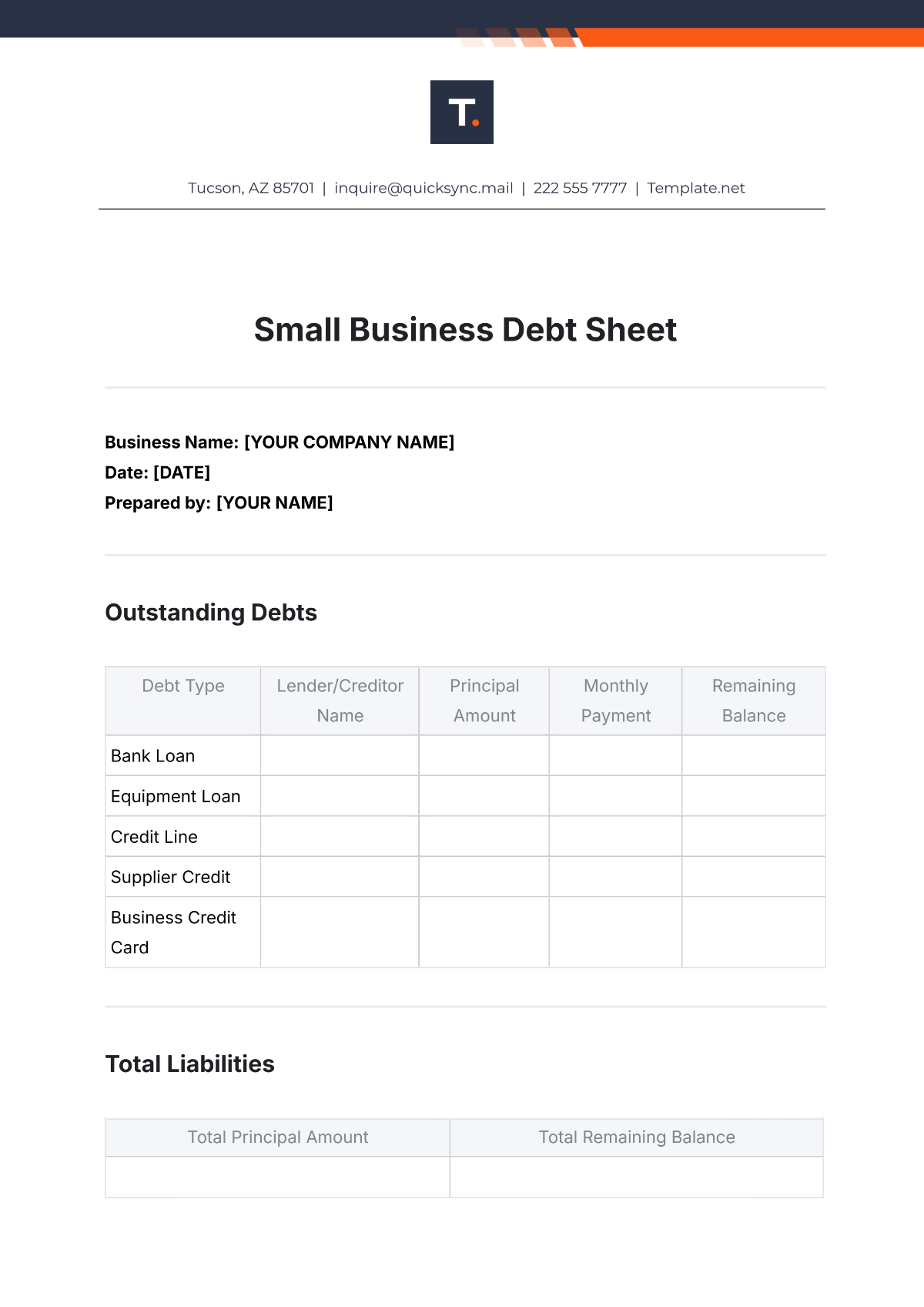 Small Business Debt Sheet Template - Edit Online & Download