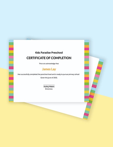Free Preschool Completion Certificate Template