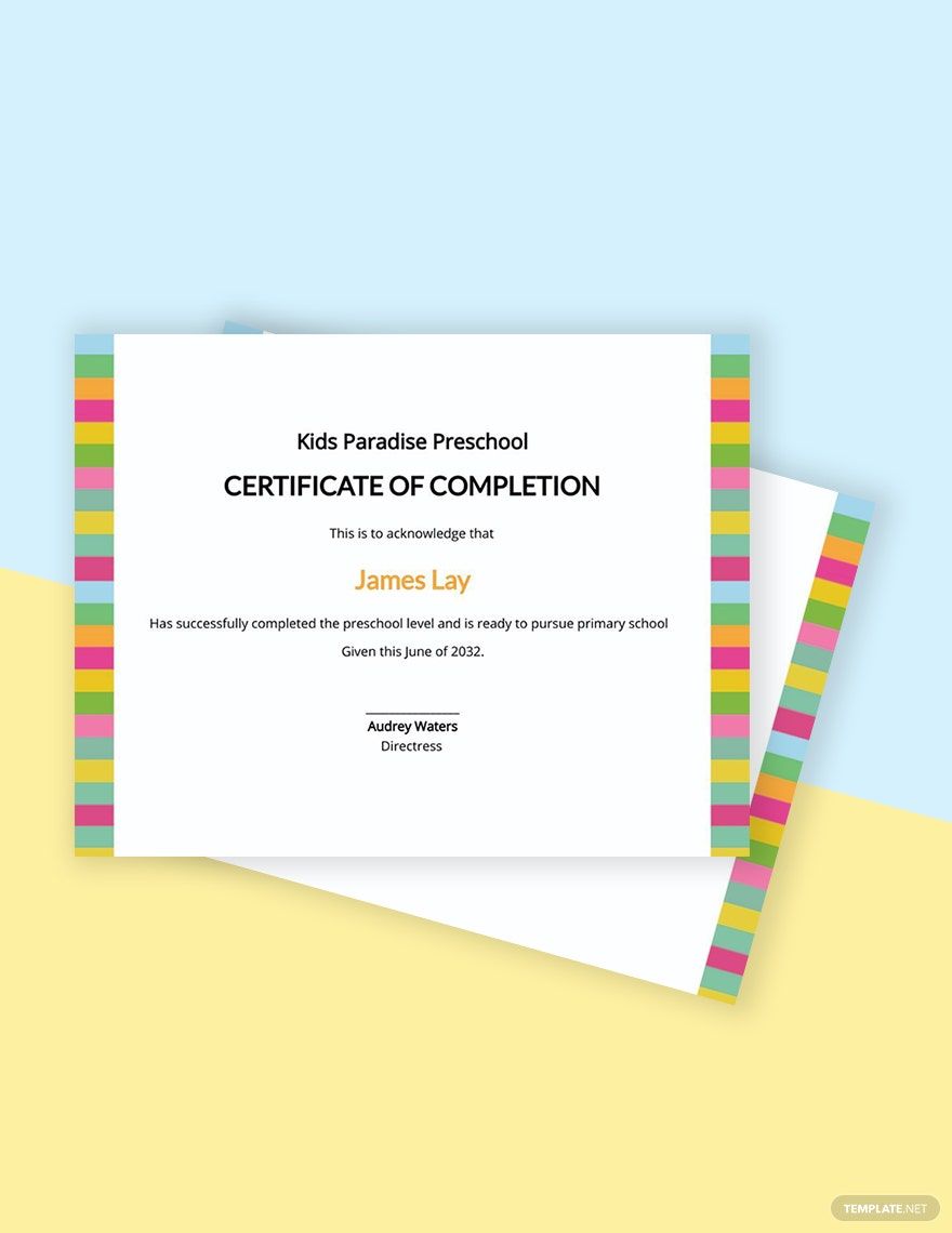 Preschool Completion Certificate Template in Word, Google Docs, Illustrator, PSD, Apple Pages, Publisher