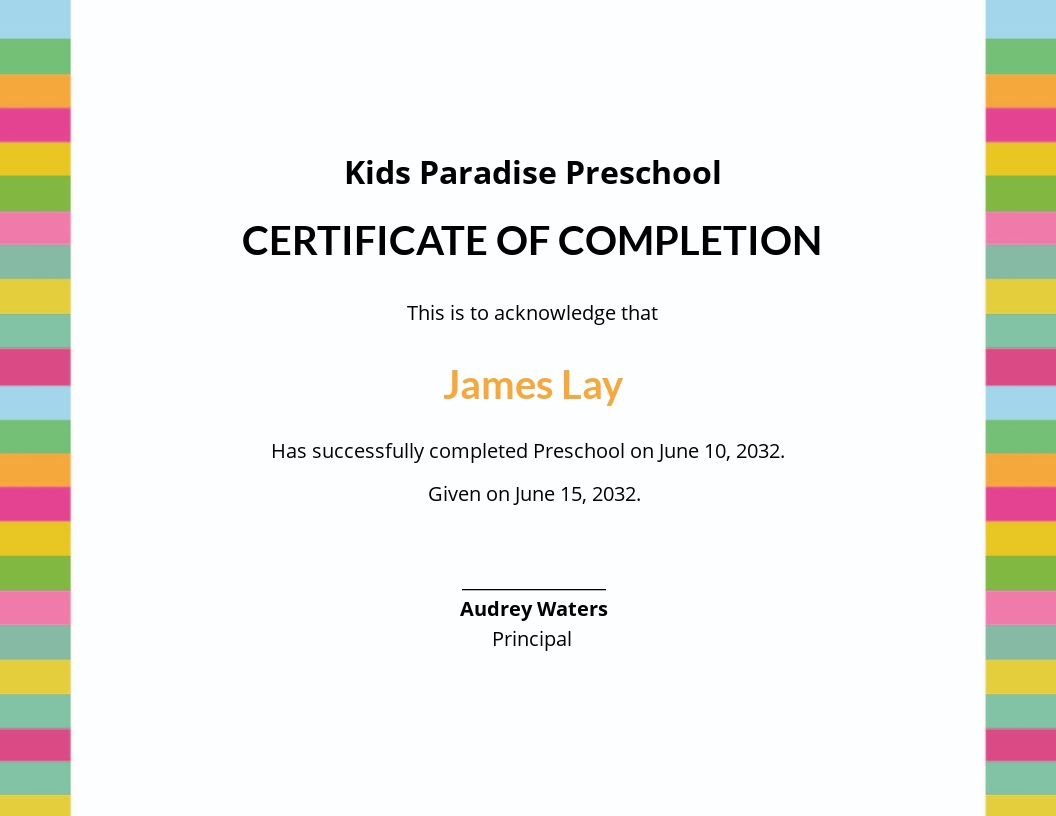 Preschool Completion Certificate Template - Google Docs, Illustrator, Word, Apple Pages, PSD, Publisher