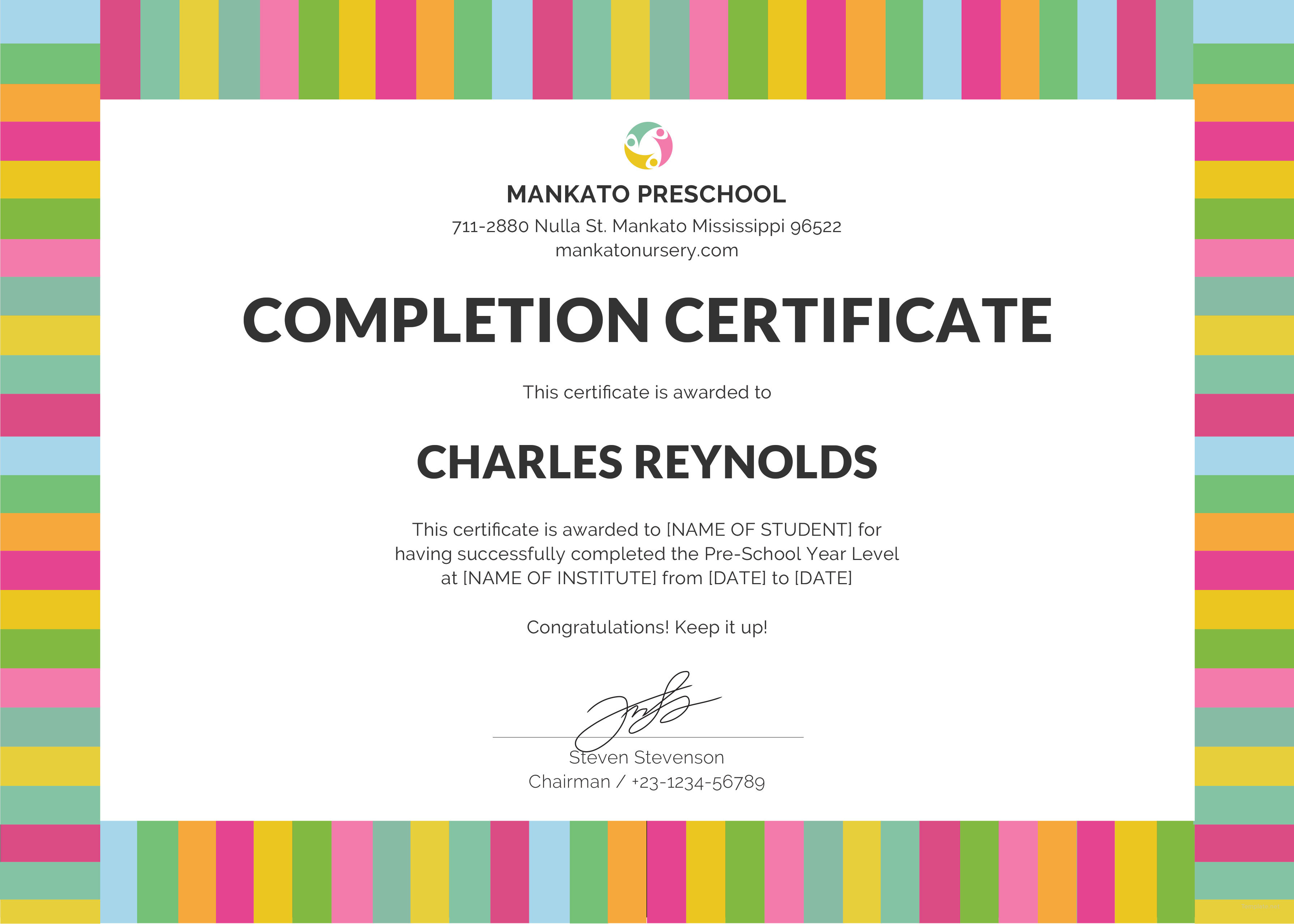 Free Preschool Completion Certificate Template in Microsoft Word
