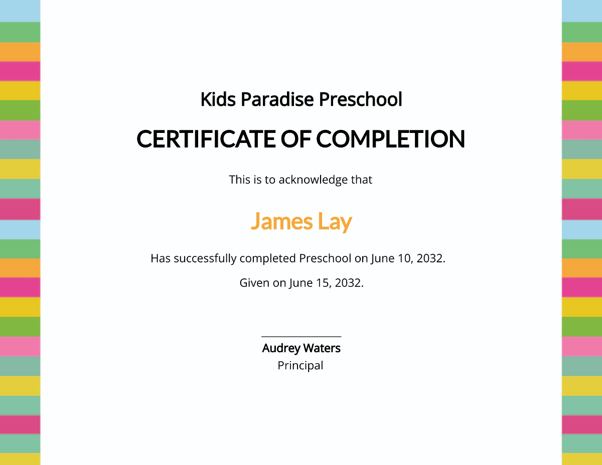 Preschool Completion Certificate Template