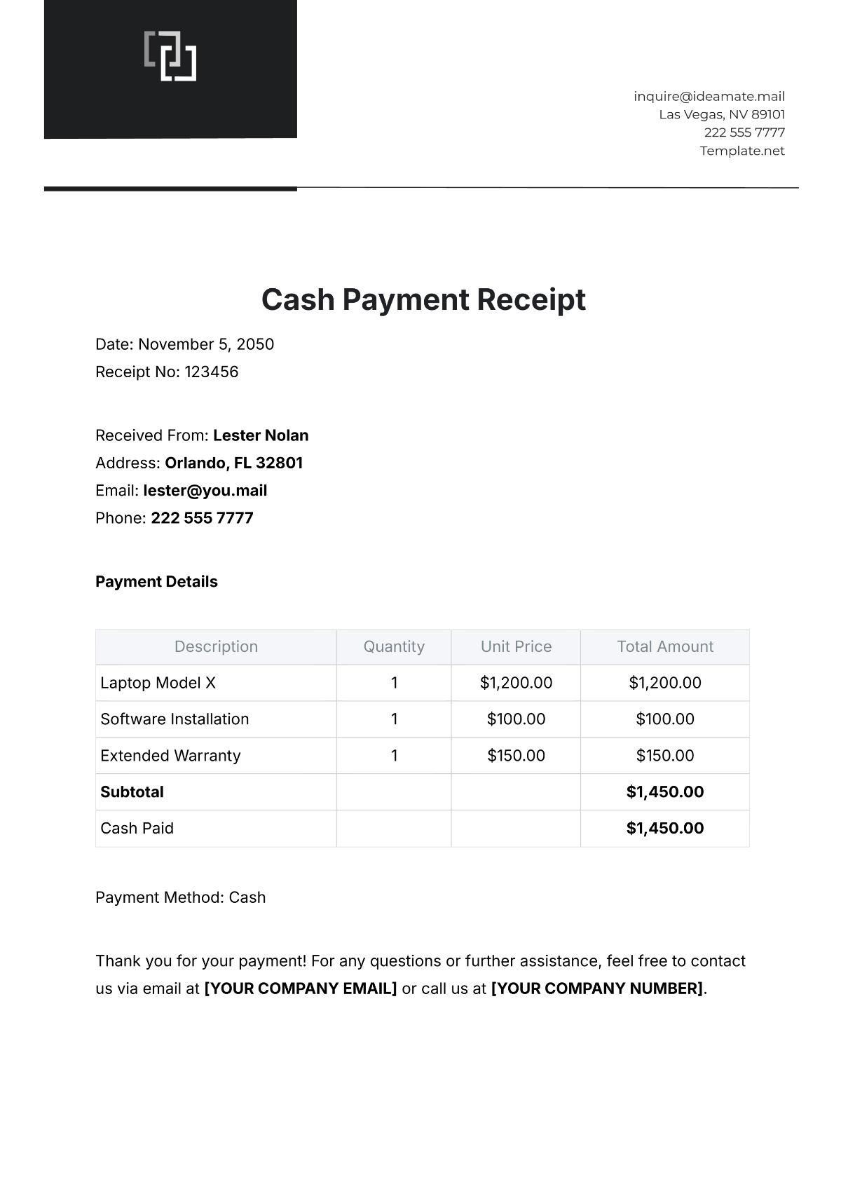 Cash Payment Receipt Template - Edit Online & Download