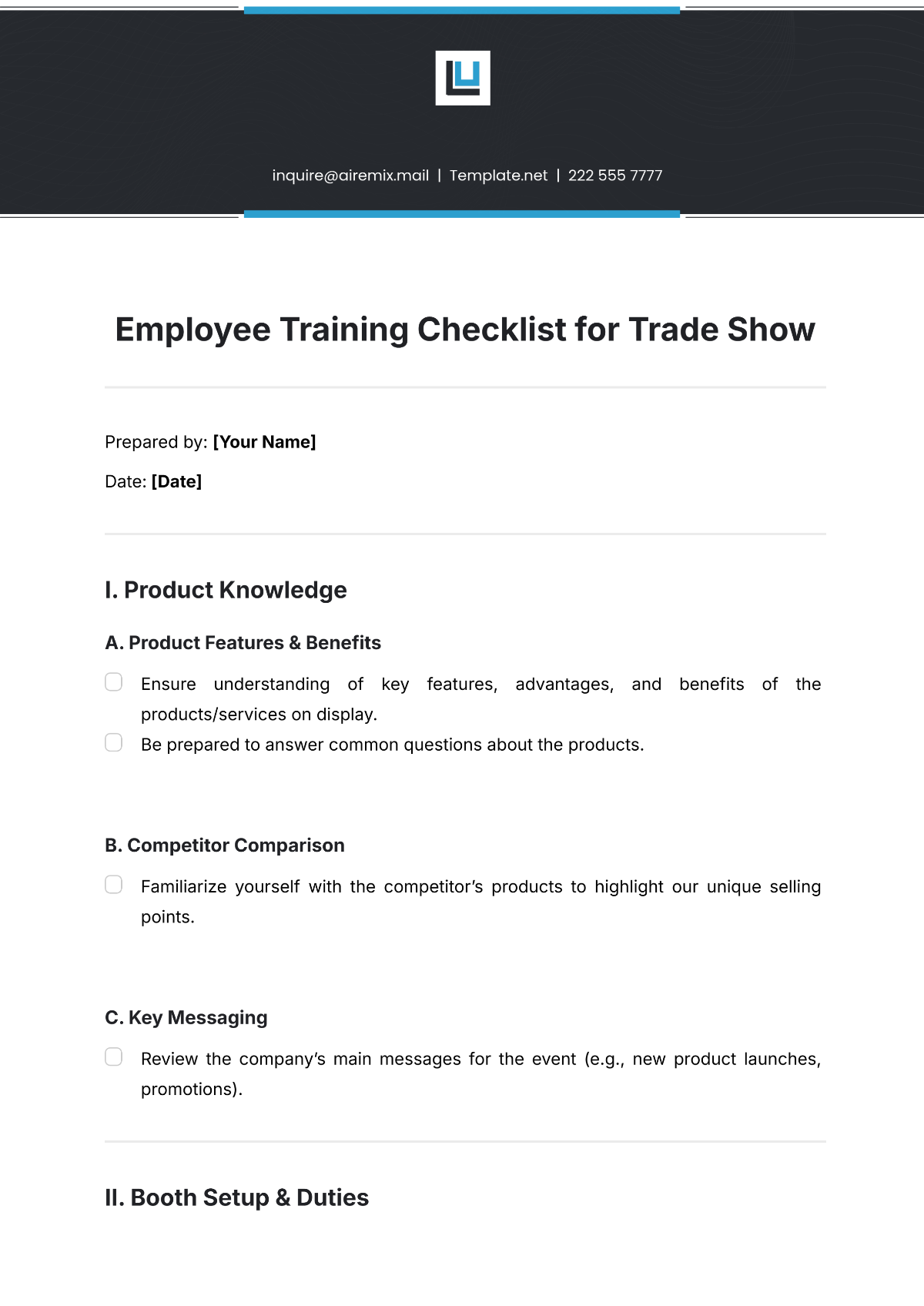 Employee Training Checklist for Trade Show Template - Edit Online & Download