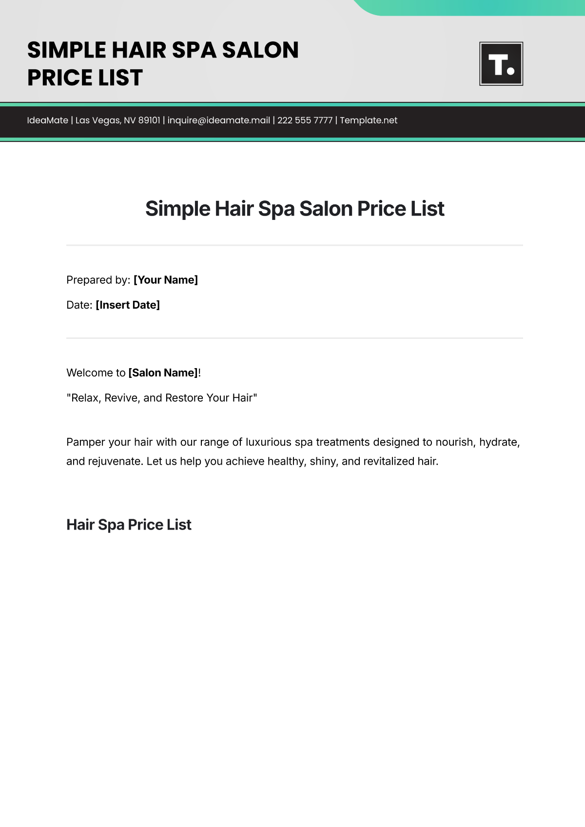 Simple Hair Spa Salon Price List Template - Edit Online & Download