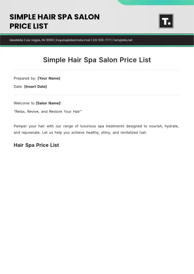Free Simple Hair Spa Salon Price List Template to Edit Online