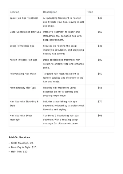 Free Simple Hair Spa Salon Price List Template to Edit Online