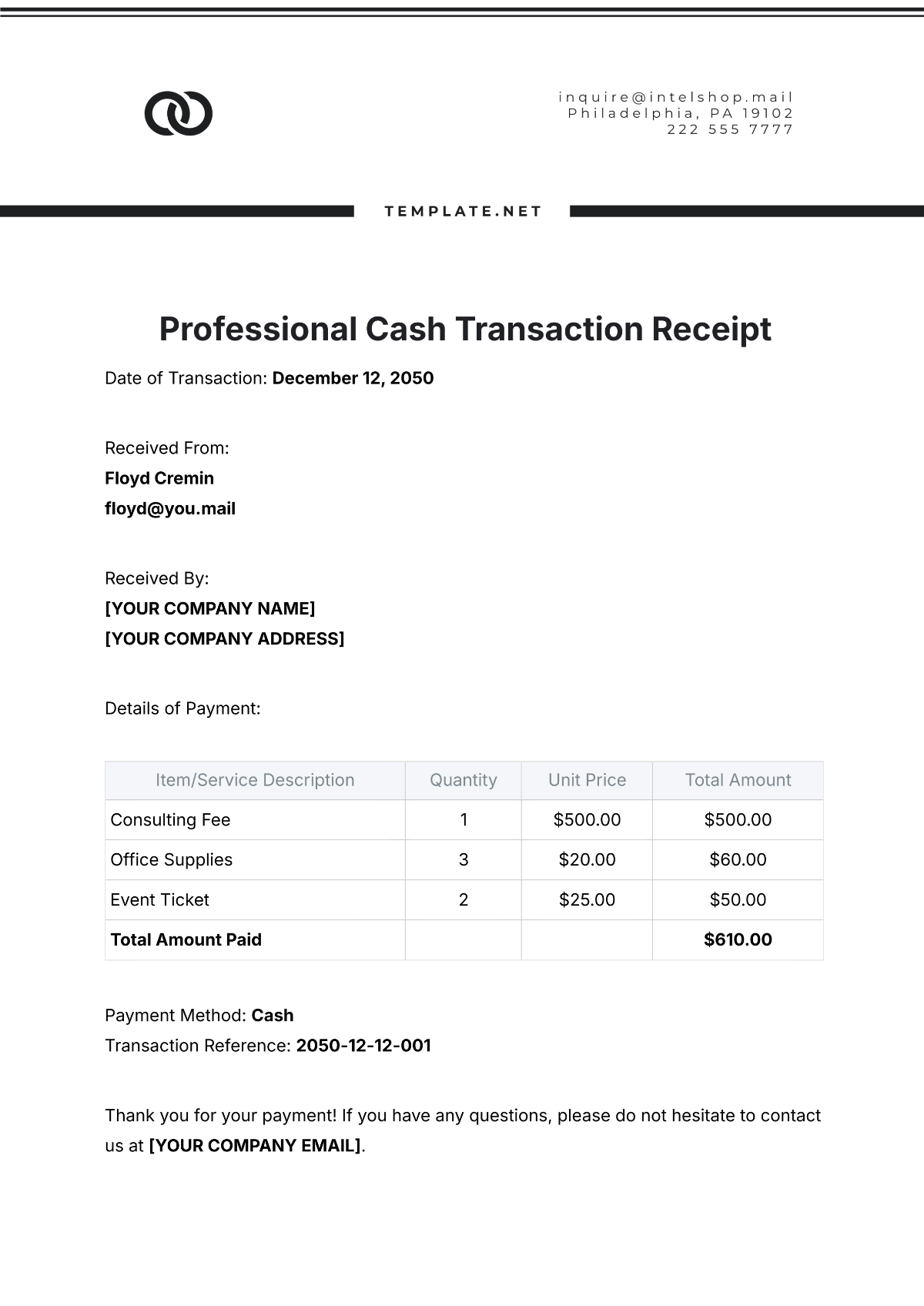 Professional Cash Transaction Receipt Template - Edit Online & Download