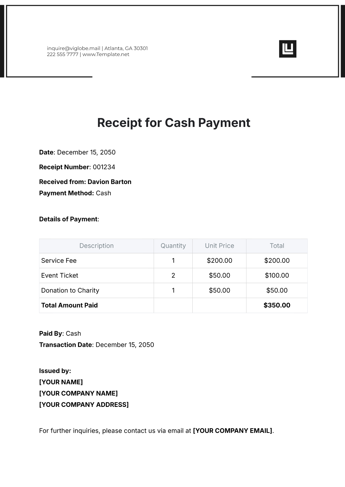 Receipt for Cash Payment Template - Edit Online & Download